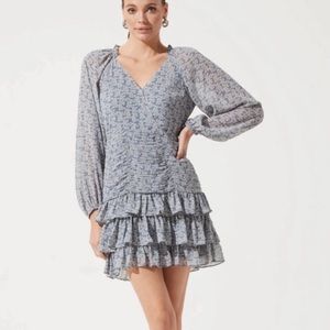 Multi floral mini dress with ruching bodice, cottagecore and tiered ruffles.